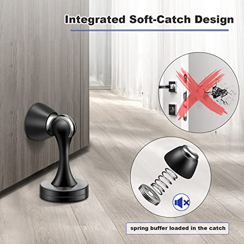 KOLAKO Door Stopper, Magnetic Door Stops, Brushed Satin Nickel, 2 Pack Wall Floor Mounted Black Magnetic Door Catch Door Holder, Stainless Steel Metal Soft-Catch Doorstop Door Stopper