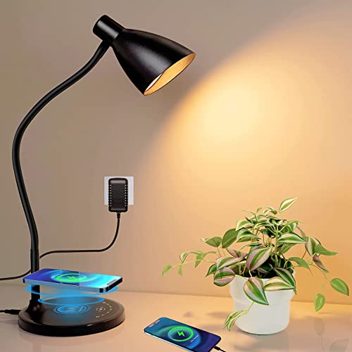 KAiSnova Desk Lamp with Wireless Charger & USB Charging Port, 60 LED Desk Lamps for Home Office, 5 Color & 7 Levels Brightness Touch Control Table Lamp, Gooseneck Desk Lamps for Bedroom Bedside Dorm