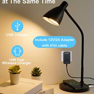 KAiSnova Desk Lamp with Wireless Charger & USB Charging Port, 60 LED Desk Lamps for Home Office, 5 Color & 7 Levels Brightness Touch Control Table Lamp, Gooseneck Desk Lamps for Bedroom Bedside Dorm