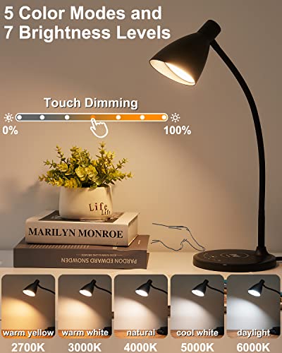 KAiSnova Desk Lamp with Wireless Charger & USB Charging Port, 60 LED Desk Lamps for Home Office, 5 Color & 7 Levels Brightness Touch Control Table Lamp, Gooseneck Desk Lamps for Bedroom Bedside Dorm