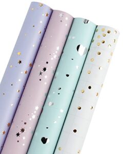 laribbons wrapping paper roll – hearts/polka dots/stars (2 kinds) design for birthday, mother day, valentine’s day, wedding, baby shower – 4 rolls – 30 inch x 120 inch per roll