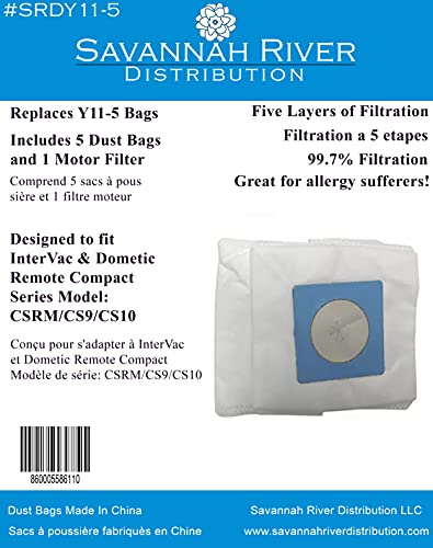 Savannah River Replacement Dust Bags for Intervac and Dometic Model Y11-5 Dust Bags SRDY11-5