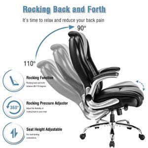 High Back Office Chair with Lifting Headrest - Flip Arms Adjustable Built-in Lumbar Support, Executive Computer Desk Chair Home Office Work Chairs, Thick Padded, Strong Metal Base, Ergonomic Design