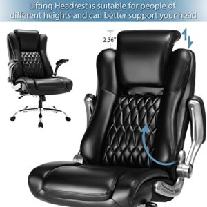 High Back Office Chair with Lifting Headrest - Flip Arms Adjustable Built-in Lumbar Support, Executive Computer Desk Chair Home Office Work Chairs, Thick Padded, Strong Metal Base, Ergonomic Design