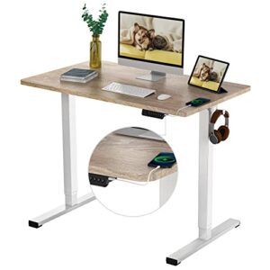flexispot standing desk quick assembly electric stand up desk with 40 x 24 inches whole-piece desktop ergonomic memory controller height adjustable desk(white frame + 40″ grey wood grain desktop)