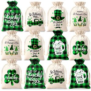 24 pcs st patrick’s day gift bag with drawstring shamrock cotton treat bags candy pouch sacks irish party favor bag green plaid pouch bag for saint patrick’s day irish party supplies (5 x 7 inch)