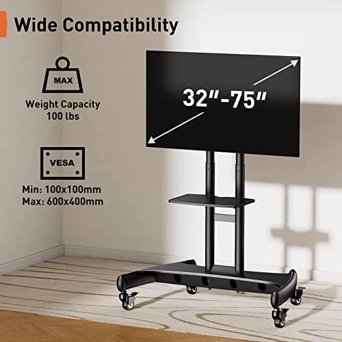 Mobile TV Cart for 32-75 Inch Flat/Curved LED/LCD/OLED TVs Rolling TV Stand with Height Adjustable Shelf Max VESA 600x400mm up to 100lbs-Outdoor TV Stand Trolley with Wheels- PGTVMC05