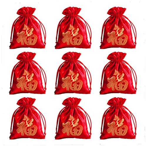 10Pcs Good Luck Fortune Gift Bags Drawstring Bag Chinese Silk Embroidered Brocade Bag Damask Jewelry Product Packing Pouch Christmas/Wedding Gift Bag,Red