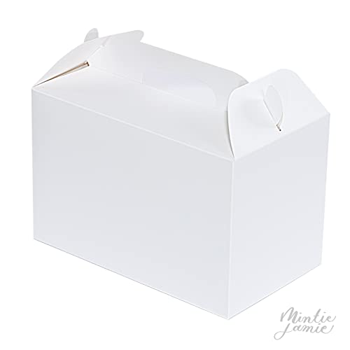 MintieJamie White Treat Boxes 1 Dozen White Boxes for Favor 8.5X5X5.5 Inches Large Handle Favor Boxes, Kids Party Favor Box, Party Box, Birthday Goodies Box, No Assembly Needed