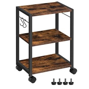 alloswell mobile printer stand, 3-tier printer cart under desk with storage, industrial rolling cart with 2 hooks, sturdy little cart on wheels for home office, rustic brown and black pthr4001