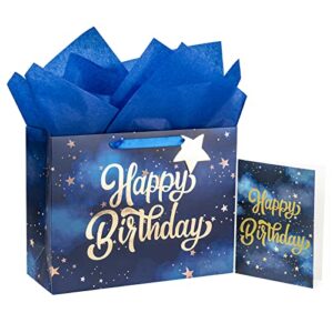 wrapaholic 13″ large gift bag with card and tissue paper – navy star gold foil happy birthday