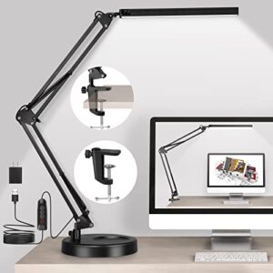 ivmaie led desk lamp with clamp & round base & adapter, 3 colors 10 brightness eye-caring architect desk light with memory function, 360° spin tall swing arm desk lamps for home office