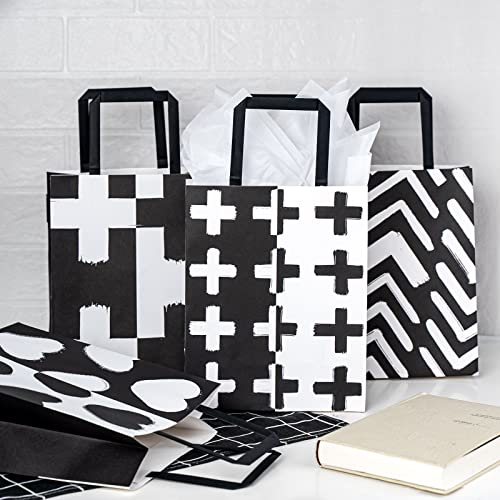 LeZakaa 10" Medium Gift Bags Assortment with Tissue Paper, 4 Pack in White and Black Design for Shopping, Birthday or Any Occasion