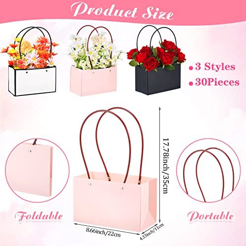 30 Pcs Flower Gift Bags Paper Bouquet Bags Rectangle Flower Box for Arrangements Waterproof Bouquet Box with Handles Florist Supplies for Valentine's Day Mother's Day Christmas (Black, Pink, White)