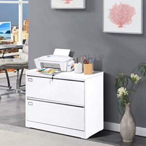 Bonusall Lateral File Cabinet 2 Drawer, Metal Lateral Filing Cabinet with Lock, Locking Organizer Filed Drawer Cabinet for Letter/Legal / A4 / F4 Size for Home Office, Sturdy Steel, White