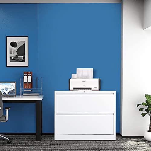 Bonusall Lateral File Cabinet 2 Drawer, Metal Lateral Filing Cabinet with Lock, Locking Organizer Filed Drawer Cabinet for Letter/Legal / A4 / F4 Size for Home Office, Sturdy Steel, White