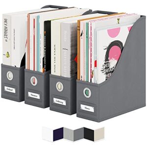 NEATERIZE Magazine Holder 4 PACK - File Holder and Book Organizer Set - Paper Tray Organizer Homeschool Book Box for Students and Teacher Organization - Vinyl Records Shelf Storage Bins - (Grey)
