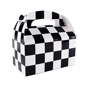 12 Pack Black and White Checker Racing Flag Pennant Treat Gift Paper Cardboard Boxes with Handles for Crafts Candy Goodie Bags, Picnic Snacks, Birthday Party Favors (6.25" x 3 1/2" x 3.25")