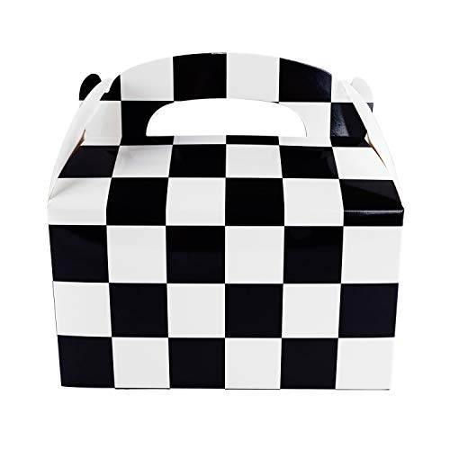 12 Pack Black and White Checker Racing Flag Pennant Treat Gift Paper Cardboard Boxes with Handles for Crafts Candy Goodie Bags, Picnic Snacks, Birthday Party Favors (6.25" x 3 1/2" x 3.25")