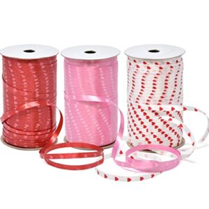 450 Yards Valentine Ribbons Heart Curling Ribbon 3 Rolls 150 Yard Per Roll; Pink Red White Hearts Valentine's Day Holiday Party Crafts Supplies Decor for Valentines Balloon String Gift Wrapping