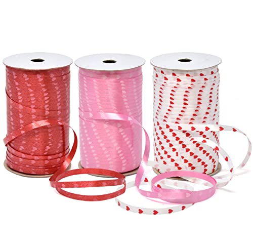 450 Yards Valentine Ribbons Heart Curling Ribbon 3 Rolls 150 Yard Per Roll; Pink Red White Hearts Valentine's Day Holiday Party Crafts Supplies Decor for Valentines Balloon String Gift Wrapping