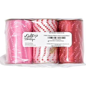 450 Yards Valentine Ribbons Heart Curling Ribbon 3 Rolls 150 Yard Per Roll; Pink Red White Hearts Valentine's Day Holiday Party Crafts Supplies Decor for Valentines Balloon String Gift Wrapping