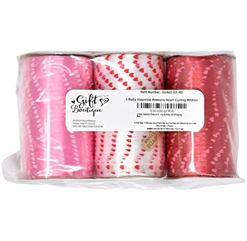 450 Yards Valentine Ribbons Heart Curling Ribbon 3 Rolls 150 Yard Per Roll; Pink Red White Hearts Valentine's Day Holiday Party Crafts Supplies Decor for Valentines Balloon String Gift Wrapping