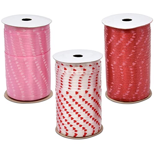 450 Yards Valentine Ribbons Heart Curling Ribbon 3 Rolls 150 Yard Per Roll; Pink Red White Hearts Valentine's Day Holiday Party Crafts Supplies Decor for Valentines Balloon String Gift Wrapping