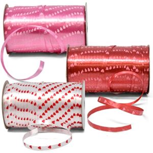 450 Yards Valentine Ribbons Heart Curling Ribbon 3 Rolls 150 Yard Per Roll; Pink Red White Hearts Valentine's Day Holiday Party Crafts Supplies Decor for Valentines Balloon String Gift Wrapping