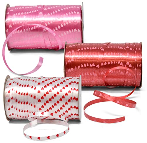 450 Yards Valentine Ribbons Heart Curling Ribbon 3 Rolls 150 Yard Per Roll; Pink Red White Hearts Valentine's Day Holiday Party Crafts Supplies Decor for Valentines Balloon String Gift Wrapping