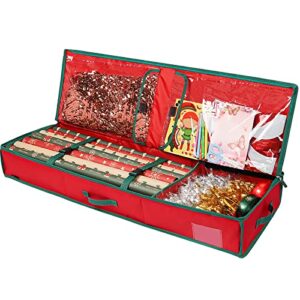 Christmas Gift Wrapping Storage Organizer with Flexible Partitions and 2 Pockets, Fits 18-27 Rolls, 42 inch Wrapping Paper Storage Bags 600d Gift Wrap Organizer for Storing Rolls, Ribbons, Bows-Tear Proof Fabric