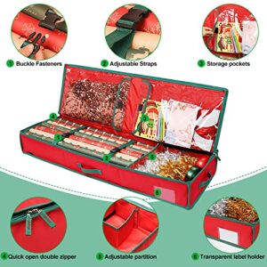 Christmas Gift Wrapping Storage Organizer with Flexible Partitions and 2 Pockets, Fits 18-27 Rolls, 42 inch Wrapping Paper Storage Bags 600d Gift Wrap Organizer for Storing Rolls, Ribbons, Bows-Tear Proof Fabric