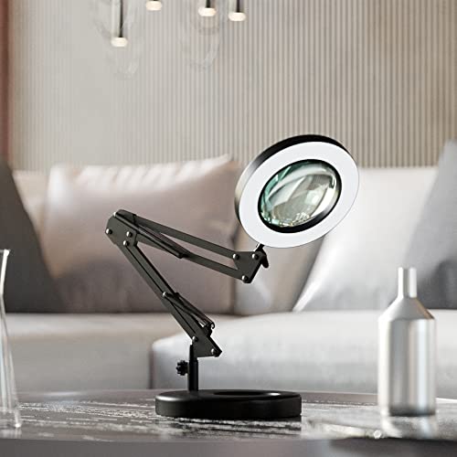【Upgraded】 5X LED Magnifying Lamp, HITTI 1,800 Lumens Stepless Dimmable, 3 Color Modes, 8-Diopter 4.2″ Real Glass Lens Magnifier Desk lamp, Magnifying Light and Stand for Crafts, Reading, Close Work