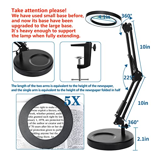 【Upgraded】 5X LED Magnifying Lamp, HITTI 1,800 Lumens Stepless Dimmable, 3 Color Modes, 8-Diopter 4.2″ Real Glass Lens Magnifier Desk lamp, Magnifying Light and Stand for Crafts, Reading, Close Work