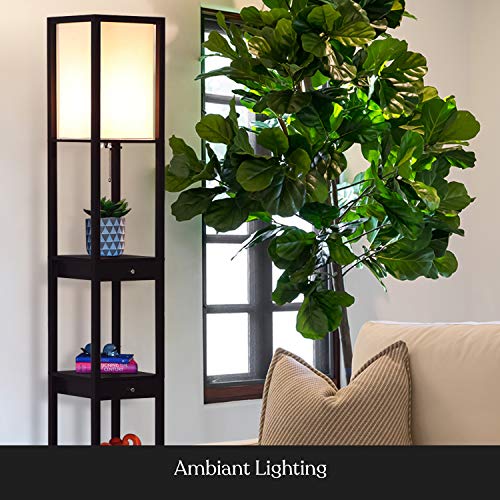 Brightech Maxwell Drawer Edition - Modern Shelf Floor Lamp with Drawer - Corner Display Floor Lamps with Shelves for Living Room, Bedroom and Office - Black