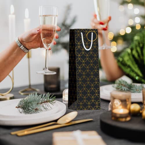 Gold Wine Gift Bags - Set of 6 - Assorted Black & Gold Gift Bags With Handles + Name Tags. - Modern Geometric Metallic Gift Bags - Perfect for Christmas, Birthdays, Anniversaries, Bridal Showers, Thank You Gifts, Housewarming Dinner Party, Weddings, & mor