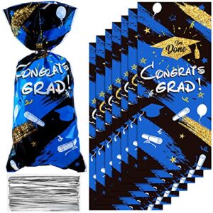 100 pieces graduation cellophane treat bags, congrats graduates candy present bags plastic clear goodie wrapping bags with 100 silver twist ties for graduation day (blue)