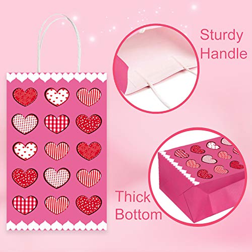 MISS FANTASY Valentine Gift Bags 12 Pack Valentine Day Gift Bags for Kids Party Valentine Paper Goodie Bags Valentine Cookie Candy Bags with Handles for Valentine Party Supplies