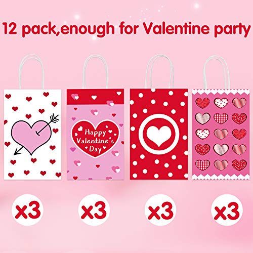 MISS FANTASY Valentine Gift Bags 12 Pack Valentine Day Gift Bags for Kids Party Valentine Paper Goodie Bags Valentine Cookie Candy Bags with Handles for Valentine Party Supplies