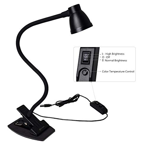 CeSunlight Clamp Desk Lamp, Clip on Reading Light, 3000-6500K Adjustable Color Temperature, 6 Illumination Modes, 10 Led Beads, AC Adapter and USB Cord Included (Black)