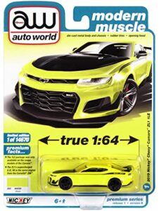 2019 chevy camaro nickey zl1 1le shock yellow w/black hood & stripes modern muscle ltd ed to 14670 pcs 1/64 diecast model auto world 64352-awsp094 b