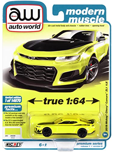 2019 Chevy Camaro Nickey ZL1 1LE Shock Yellow w/Black Hood & Stripes Modern Muscle Ltd Ed to 14670 pcs 1/64 Diecast Model Auto World 64352-AWSP094 B