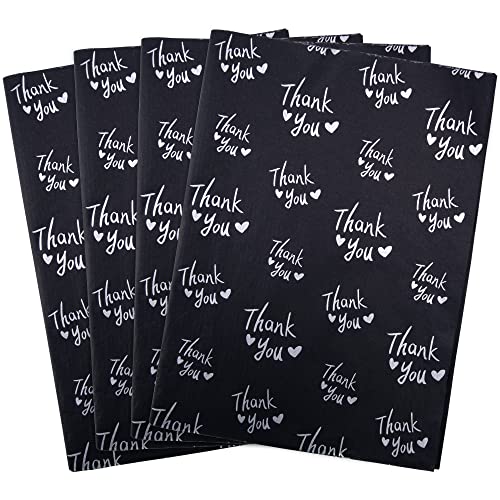 MR FIVE 100 Sheets Black with Silver Thank You Tissue Paper Bulk,20" x 14",Silver Thank You Tissue Paper for Packaging,Gift Bags,Metallic Silver Tissue for Weddings,Graduation,Birthday,Thanksgiving