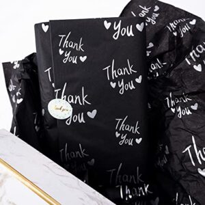 MR FIVE 100 Sheets Black with Silver Thank You Tissue Paper Bulk,20" x 14",Silver Thank You Tissue Paper for Packaging,Gift Bags,Metallic Silver Tissue for Weddings,Graduation,Birthday,Thanksgiving