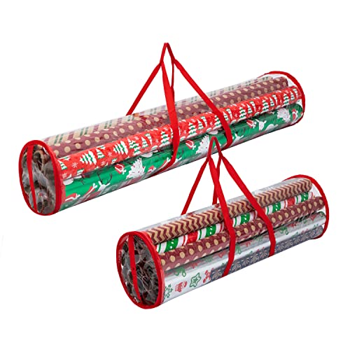 Joiedomi 2 Pack Clear Gift Wrap Organizers Set, Christmas Wrapping Paper Storage Bag Wrapping Paper Holder Made from Water Proof PVC and Fabric Fits Up to 20 Standard Rolls (Red)