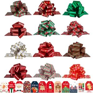 pintreeland 12pcs christmas gift bows with 12pcs gift tags, 5” xmas wrap pull bows with ribbon wrapping accessory for present, florist, bouquet, basket decor, easy to assemble
