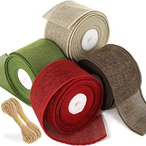 jack chloe 32yards 2-1/2” christmas ribbon wired, burlap ribbon rolls in spring green scarlet dark brown khaki, prefect wired christmas ribbon for decor gift wrapping christmas tree bows wedding.