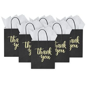djinnglory 50 pack medium black thank you paper bags with handles and 24 sheet white tissue paper for small business, shopping, wedding, baby shower, party favors (medium 10”x8”x4”, black)