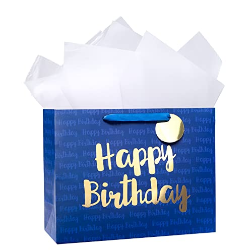 Loveinside Blue Birthday Gift Bag with Tissue Paper for Birthday, Baby Shower, Party, and More - 13" x 10" x 5", 1 Pcs