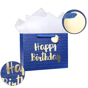 Loveinside Blue Birthday Gift Bag with Tissue Paper for Birthday, Baby Shower, Party, and More - 13" x 10" x 5", 1 Pcs